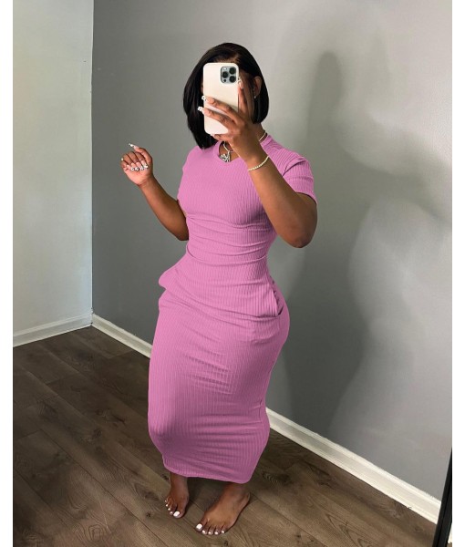 Women's Casual Short Sleeve Dress T Shirt Bodycon Dresses Ribbed V Neck Maxi Sundress Basic Party Club Dress with Pocket
