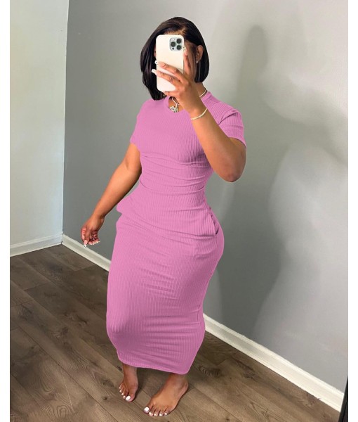 Women's Casual Short Sleeve Dress T Shirt Bodycon Dresses Ribbed V Neck Maxi Sundress Basic Party Club Dress with Pocket