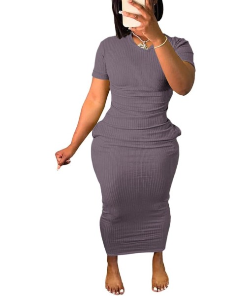 Women's Casual Short Sleeve Dress T Shirt Bodycon Dresses Ribbed V Neck Maxi Sundress Basic Party Club Dress with Pocket