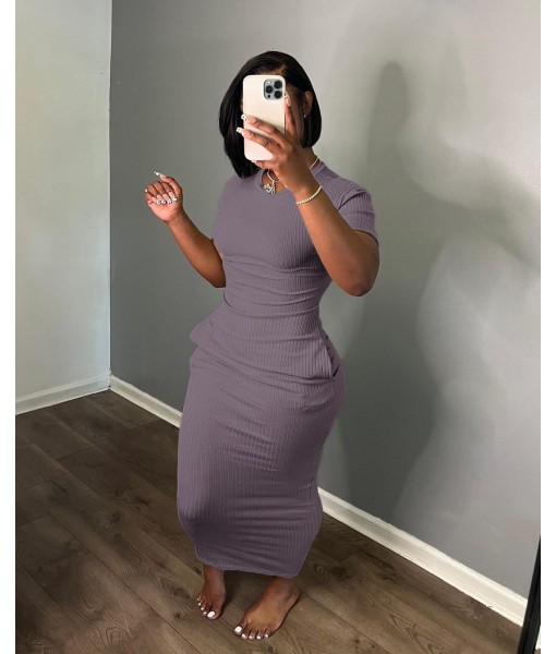 Women's Casual Short Sleeve Dress T Shirt Bodycon Dresses Ribbed V Neck Maxi Sundress Basic Party Club Dress with Pocket