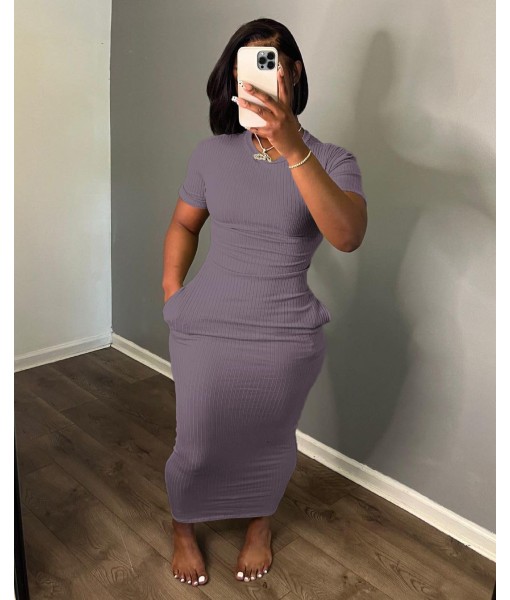 Women's Casual Short Sleeve Dress T Shirt Bodycon Dresses Ribbed V Neck Maxi Sundress Basic Party Club Dress with Pocket