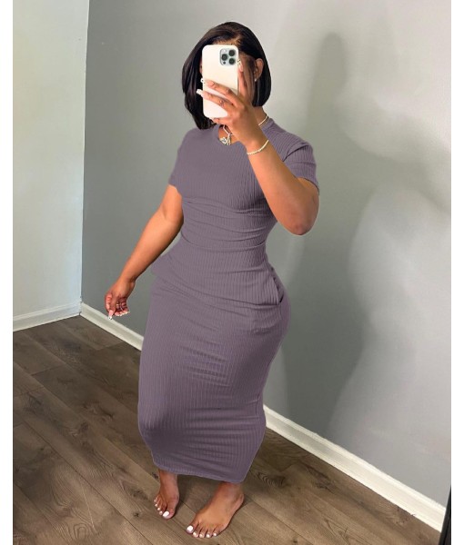 Women's Casual Short Sleeve Dress T Shirt Bodycon Dresses Ribbed V Neck Maxi Sundress Basic Party Club Dress with Pocket