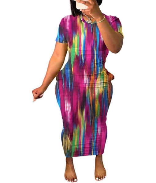 Women's Casual Short Sleeve Dress T Shirt Bodycon Dresses Ribbed V Neck Maxi Sundress Basic Party Club Dress with Pocket