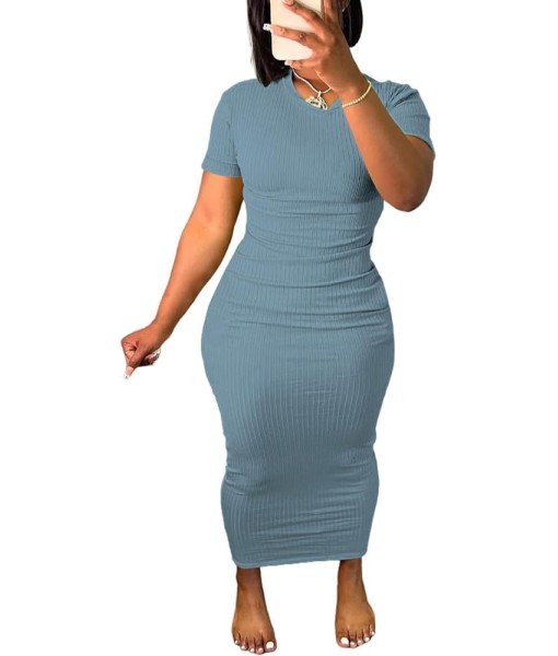 Women's Casual Short Sleeve Dress T Shirt Bodycon Dresses Ribbed V Neck Maxi Sundress Basic Party Club Dress with Pocket