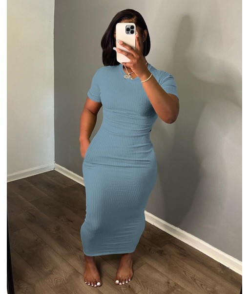 Women's Casual Short Sleeve Dress T Shirt Bodycon Dresses Ribbed V Neck Maxi Sundress Basic Party Club Dress with Pocket