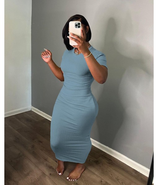 Women's Casual Short Sleeve Dress T Shirt Bodycon Dresses Ribbed V Neck Maxi Sundress Basic Party Club Dress with Pocket