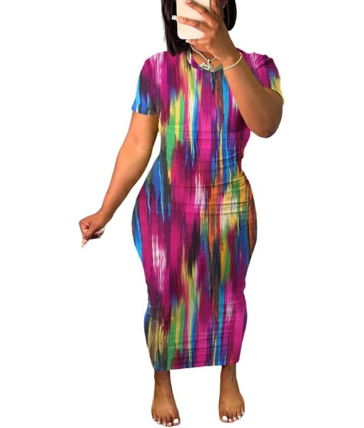 Women's Casual Short Sleeve Dress T Shirt Bodycon Dresses Ribbed V Neck Maxi Sundress Basic Party Club Dress with Pocket