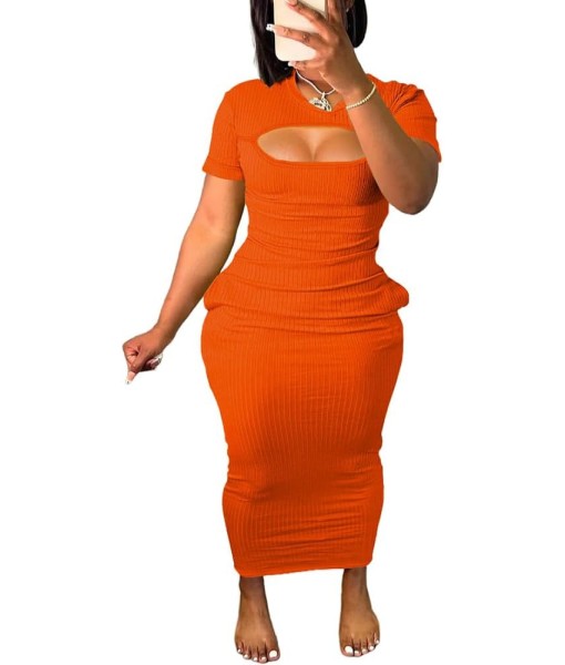 Women's Casual Short Sleeve Dress T Shirt Bodycon Dresses Ribbed V Neck Maxi Sundress Basic Party Club Dress with Pocket
