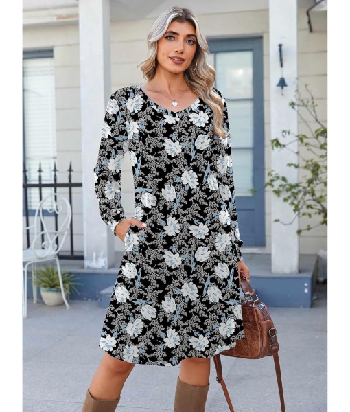Zeagoo Fall Dresses for Women Long Sleeve Casual Pleated V Neck Dress 2025 A Line Tunic Dress