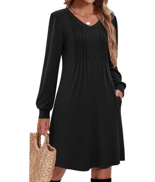 Zeagoo Fall Dresses for Women Long Sleeve Casual Pleated V Neck Dress 2025 A Line Tunic Dress