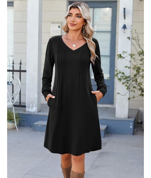 Zeagoo Fall Dresses for Women Long Sleeve Casual Pleated V Neck Dress 2025 A Line Tunic Dress