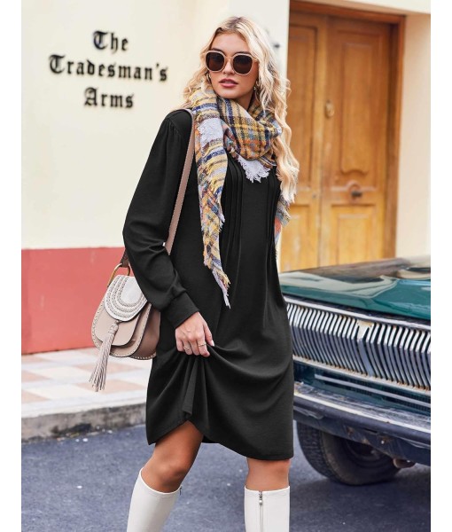 Zeagoo Fall Dresses for Women Long Sleeve Casual Pleated V Neck Dress 2025 A Line Tunic Dress