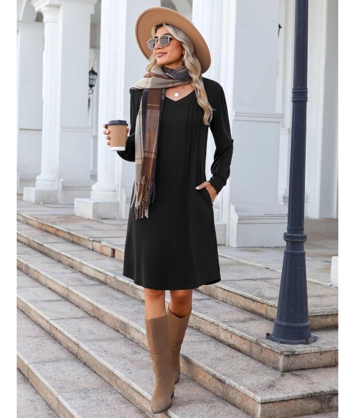 Zeagoo Fall Dresses for Women Long Sleeve Casual Pleated V Neck Dress 2025 A Line Tunic Dress