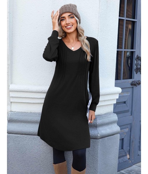 Zeagoo Fall Dresses for Women Long Sleeve Casual Pleated V Neck Dress 2025 A Line Tunic Dress