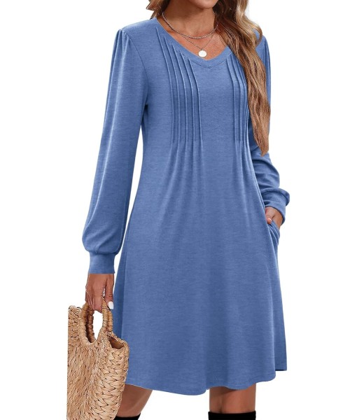 Zeagoo Fall Dresses for Women Long Sleeve Casual Pleated V Neck Dress 2025 A Line Tunic Dress