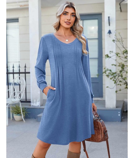 Zeagoo Fall Dresses for Women Long Sleeve Casual Pleated V Neck Dress 2025 A Line Tunic Dress