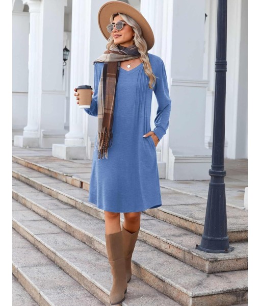 Zeagoo Fall Dresses for Women Long Sleeve Casual Pleated V Neck Dress 2025 A Line Tunic Dress