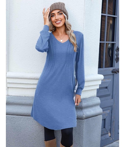 Zeagoo Fall Dresses for Women Long Sleeve Casual Pleated V Neck Dress 2025 A Line Tunic Dress