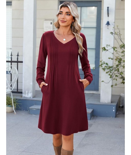 Zeagoo Fall Dresses for Women Long Sleeve Casual Pleated V Neck Dress 2025 A Line Tunic Dress