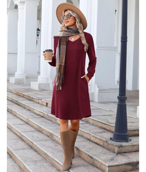 Zeagoo Fall Dresses for Women Long Sleeve Casual Pleated V Neck Dress 2025 A Line Tunic Dress