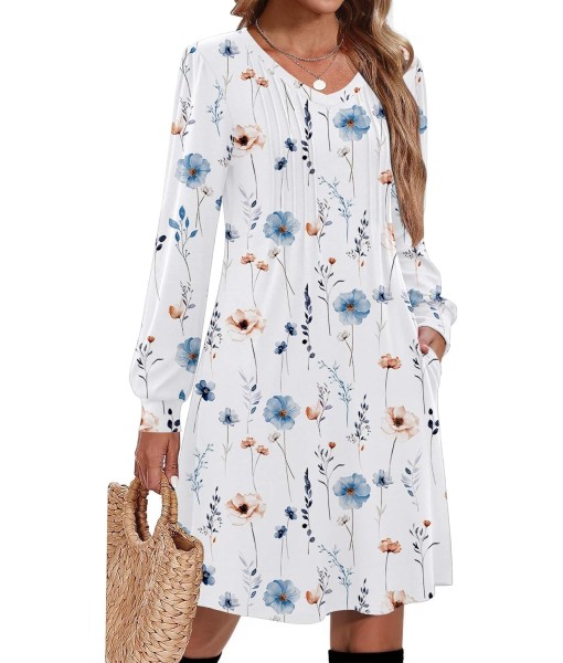 Zeagoo Fall Dresses for Women Long Sleeve Casual Pleated V Neck Dress 2025 A Line Tunic Dress