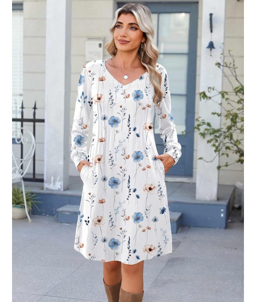 Zeagoo Fall Dresses for Women Long Sleeve Casual Pleated V Neck Dress 2025 A Line Tunic Dress