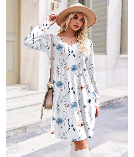 Zeagoo Fall Dresses for Women Long Sleeve Casual Pleated V Neck Dress 2025 A Line Tunic Dress
