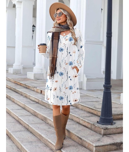 Zeagoo Fall Dresses for Women Long Sleeve Casual Pleated V Neck Dress 2025 A Line Tunic Dress