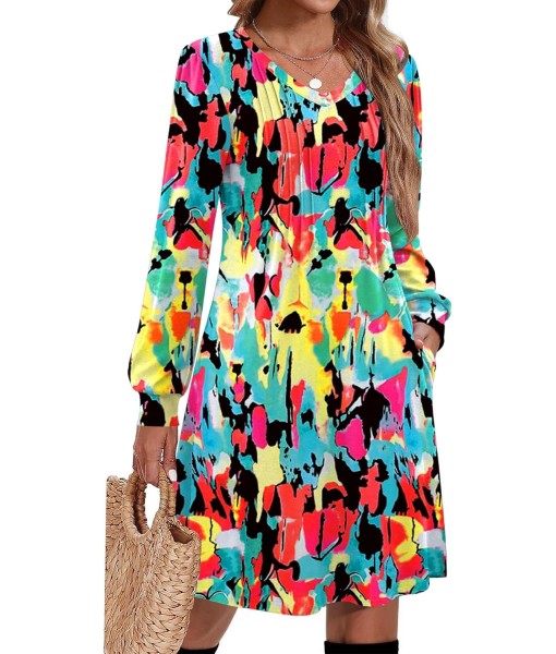 Zeagoo Fall Dresses for Women Long Sleeve Casual Pleated V Neck Dress 2025 A Line Tunic Dress