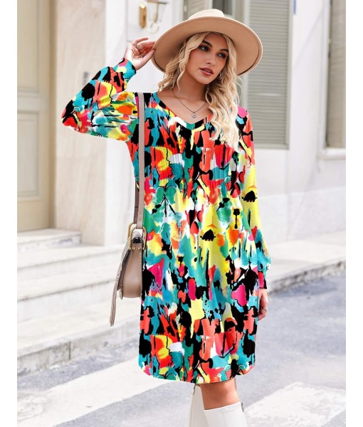 Zeagoo Fall Dresses for Women Long Sleeve Casual Pleated V Neck Dress 2025 A Line Tunic Dress