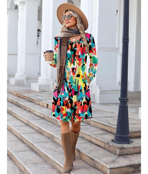 Zeagoo Fall Dresses for Women Long Sleeve Casual Pleated V Neck Dress 2025 A Line Tunic Dress