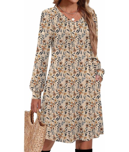 Zeagoo Fall Dresses for Women Long Sleeve Casual Pleated V Neck Dress 2025 A Line Tunic Dress
