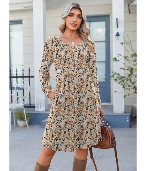 Zeagoo Fall Dresses for Women Long Sleeve Casual Pleated V Neck Dress 2025 A Line Tunic Dress