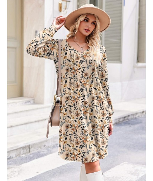 Zeagoo Fall Dresses for Women Long Sleeve Casual Pleated V Neck Dress 2025 A Line Tunic Dress