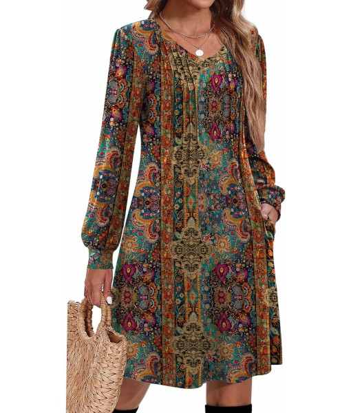 Zeagoo Fall Dresses for Women Long Sleeve Casual Pleated V Neck Dress 2025 A Line Tunic Dress