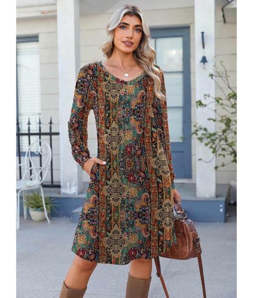 Zeagoo Fall Dresses for Women Long Sleeve Casual Pleated V Neck Dress 2025 A Line Tunic Dress