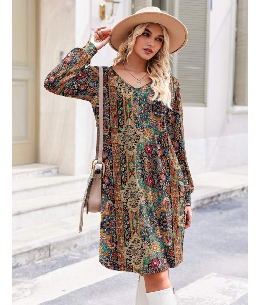 Zeagoo Fall Dresses for Women Long Sleeve Casual Pleated V Neck Dress 2025 A Line Tunic Dress