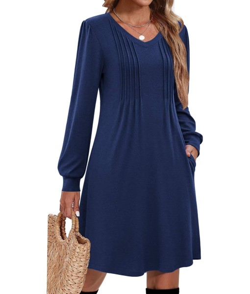Zeagoo Fall Dresses for Women Long Sleeve Casual Pleated V Neck Dress 2025 A Line Tunic Dress