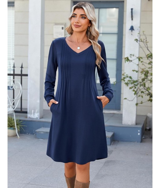 Zeagoo Fall Dresses for Women Long Sleeve Casual Pleated V Neck Dress 2025 A Line Tunic Dress