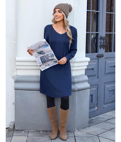Zeagoo Fall Dresses for Women Long Sleeve Casual Pleated V Neck Dress 2025 A Line Tunic Dress