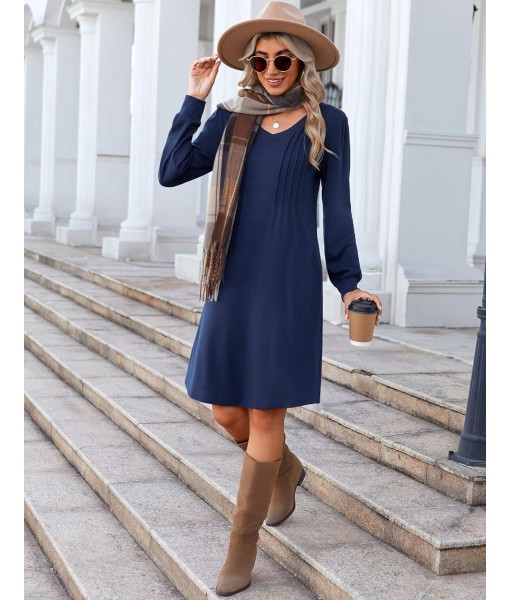 Zeagoo Fall Dresses for Women Long Sleeve Casual Pleated V Neck Dress 2025 A Line Tunic Dress