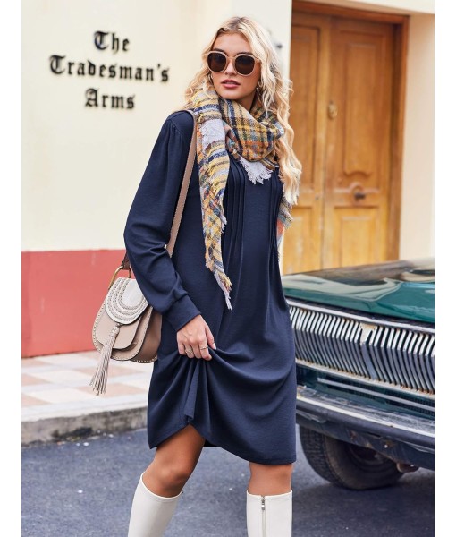 Zeagoo Fall Dresses for Women Long Sleeve Casual Pleated V Neck Dress 2025 A Line Tunic Dress