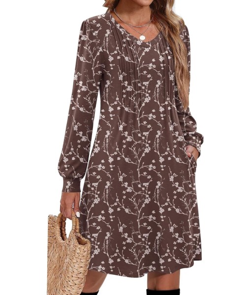Zeagoo Fall Dresses for Women Long Sleeve Casual Pleated V Neck Dress 2025 A Line Tunic Dress