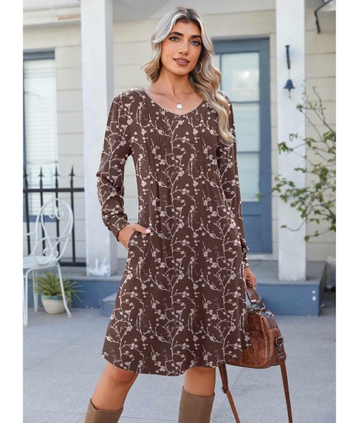 Zeagoo Fall Dresses for Women Long Sleeve Casual Pleated V Neck Dress 2025 A Line Tunic Dress