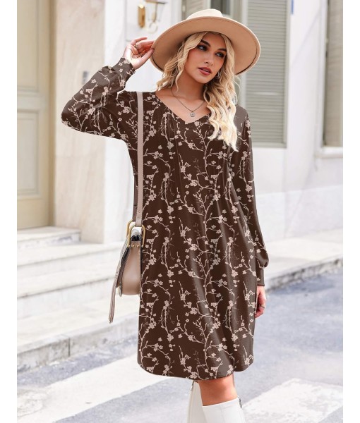 Zeagoo Fall Dresses for Women Long Sleeve Casual Pleated V Neck Dress 2025 A Line Tunic Dress