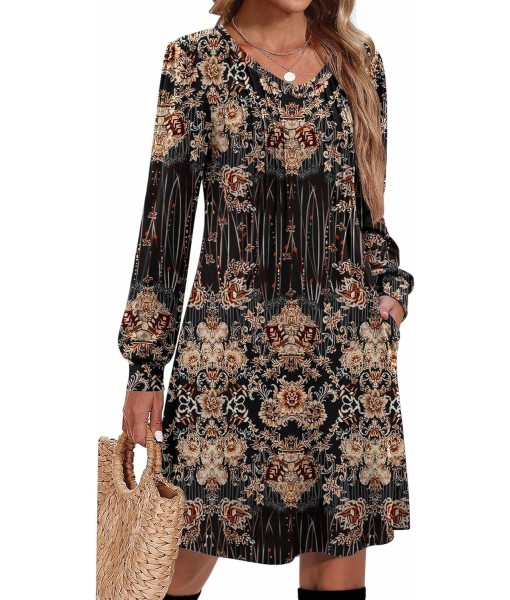 Zeagoo Fall Dresses for Women Long Sleeve Casual Pleated V Neck Dress 2025 A Line Tunic Dress