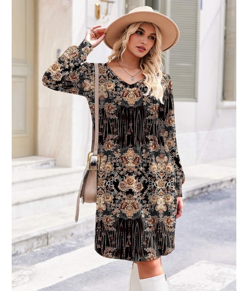 Zeagoo Fall Dresses for Women Long Sleeve Casual Pleated V Neck Dress 2025 A Line Tunic Dress