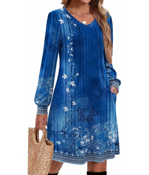 Zeagoo Fall Dresses for Women Long Sleeve Casual Pleated V Neck Dress 2025 A Line Tunic Dress