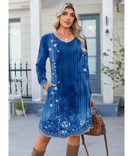 Zeagoo Fall Dresses for Women Long Sleeve Casual Pleated V Neck Dress 2025 A Line Tunic Dress