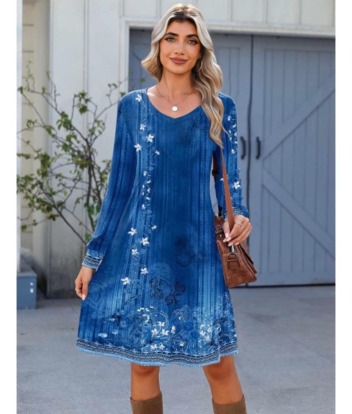 Zeagoo Fall Dresses for Women Long Sleeve Casual Pleated V Neck Dress 2025 A Line Tunic Dress